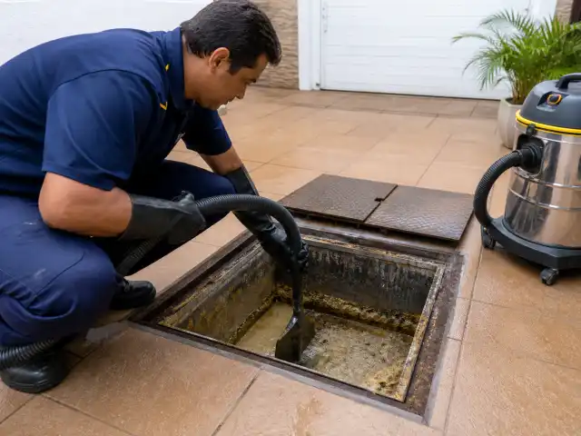 Mangueira de sucção do caminhão auto-vácuo removendo resíduo de caixa