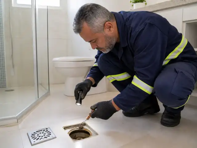 Caixa sifonada aberta sob a grelha do ralo mostrando o fecho hídrico