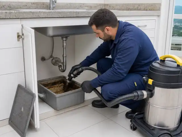Técnico limpando caixa de gordura conectada à pia de cozinha