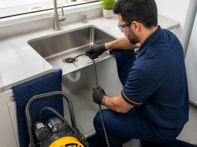 Técnico desobstruindo pia de cozinha pelo próprio ralo com cabo profissional