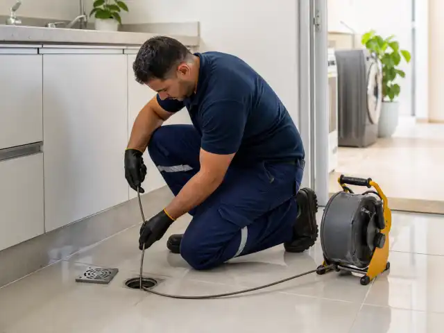 Técnico desobstruindo ralo de piso ao lado da cozinha