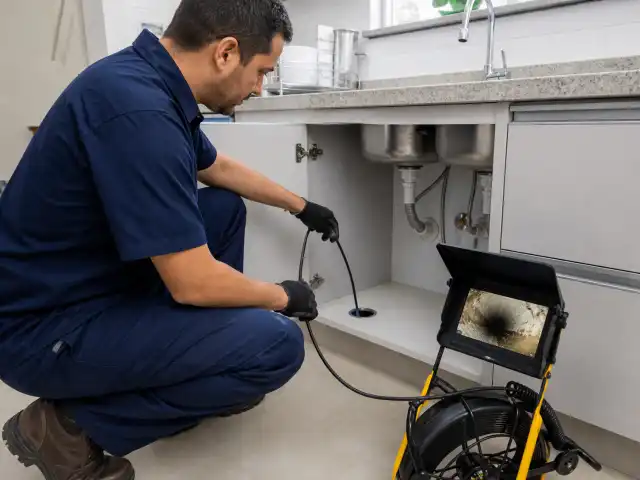 Técnico inspecionando com câmera o ramal de esgoto da cozinha