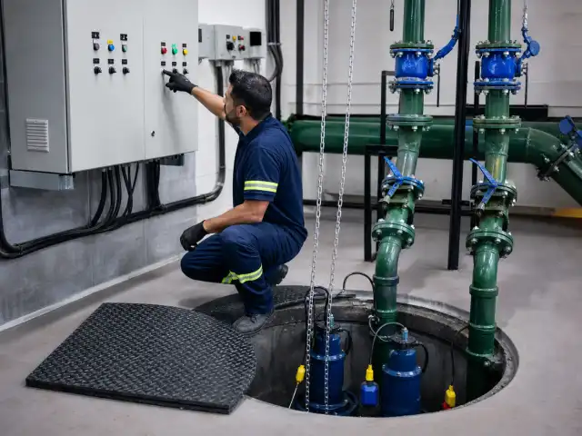Poço de recalque com bombas em subsolo de prédio