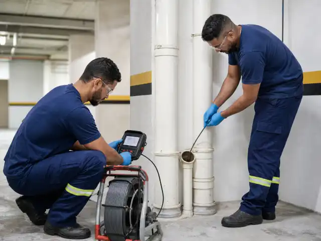 Técnicos fazendo videoinspeção na prumada de um condomínio
