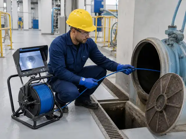 Técnico inspecionando tubulação de grande diâmetro em ambiente industrial