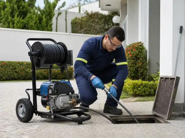 Técnico preparando o hidrojateamento em caixa de inspeção residencial