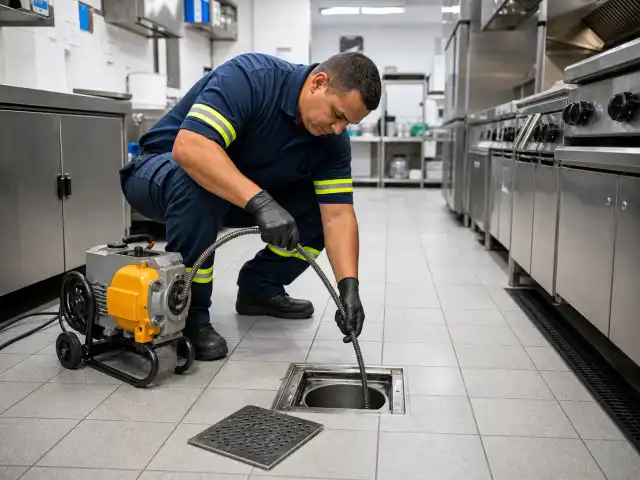 Técnico desobstruindo ralo em cozinha profissional de restaurante
