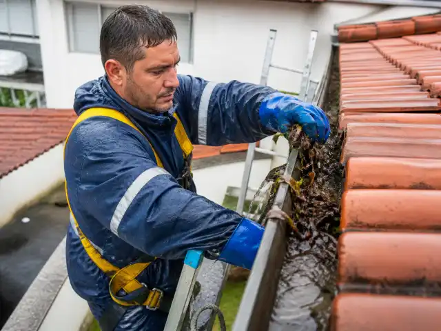 Calha de telhado obstruída por folhas com água transbordando pela borda