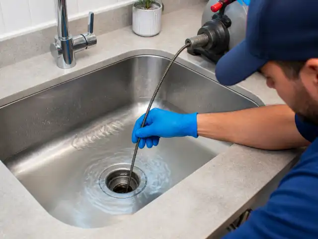 Pia de cozinha em inox com água parada acima do ralo e resíduo de gordura