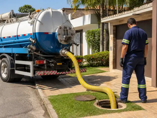 Caminhão limpa-fossa com mangueira de sucção em quintal residencial